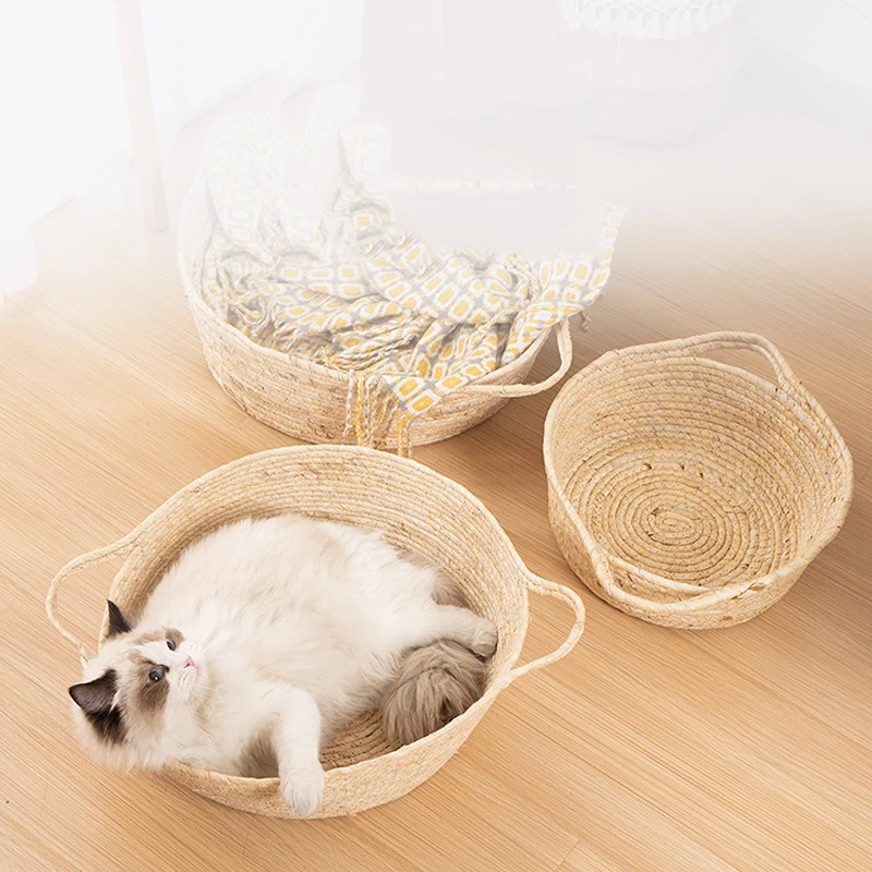 

Корзина для кошек, кровать для домашнего питомца, соломенный кукурузный тканый летний коврик, дышащий домашний спальный мешок, переноска дл...