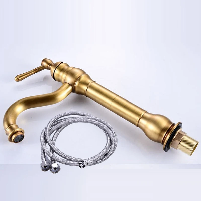 

Классический антикварный латунный смеситель для ванной комнаты, высокий смеситель с одной ручкой, монтируемый на палубе для горячей и холодной воды для раковины