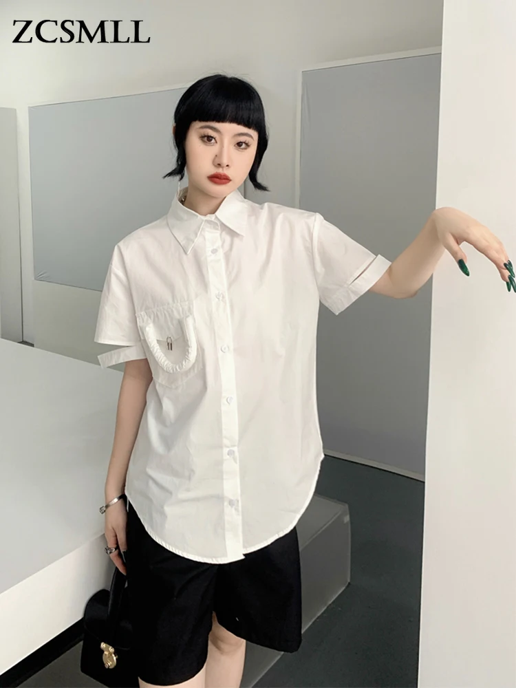 

ZCSMLL Designer White Short Sleeve Button Up Shirt For Women 2022 Summer Top And Blouse Collared Baggy Shirts Fashion Clothing