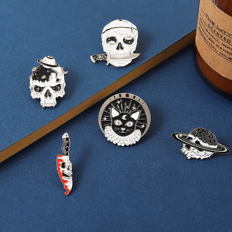 

Punk Skull Enamel Pin Dark Black Planet Witch Cat Brooches Knife Skeleton Gothic Badges Lapel Backpack Women Kids Jewelry Gift