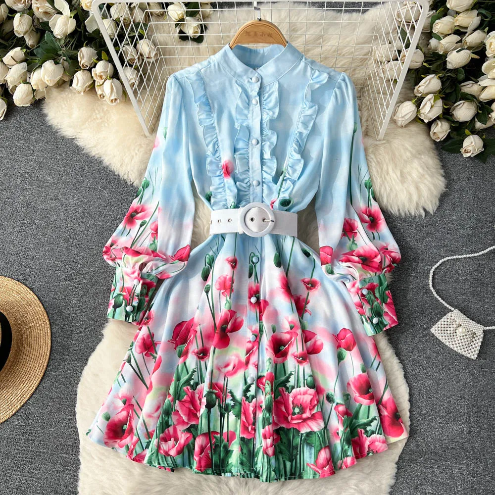 

Autumn Elegant Gradien Short Dress Women's Linen Stand Long Lantern Sleeve Flower Print Ruffles Buttons Sashes Mini Vestidos