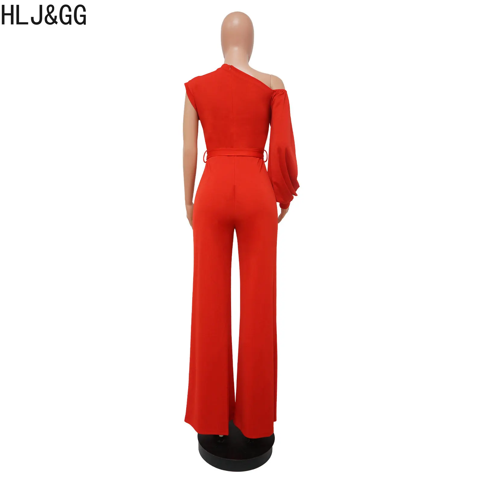 HLJ&GG Fashion One Shoulder Lace Up Jumpsuits Women Solid Color Long Sleeve Wide Leg Pants Playsuits Casual One Piece Streetwear