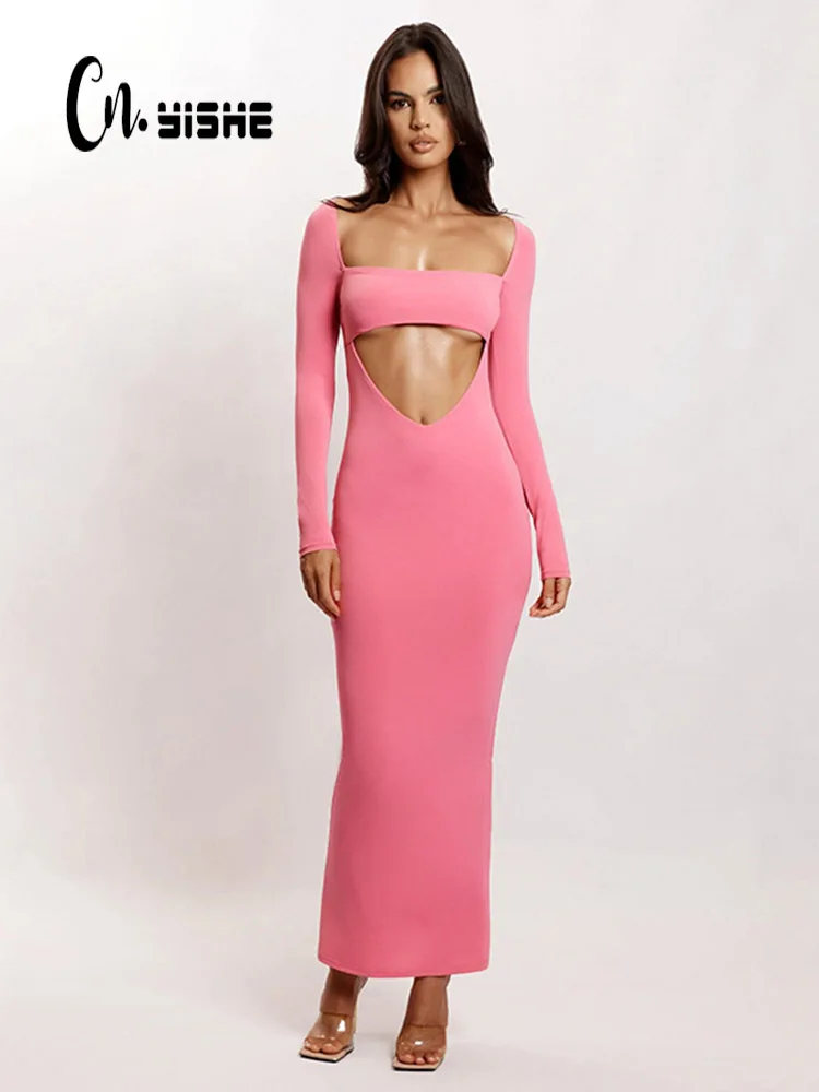 

CNYISHE сексуальное длинное платье-футляр с квадратным воротником осенние однотонные регулируемые платья с длинным рукавом женское повседнев...