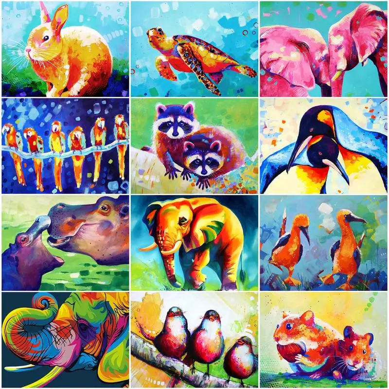 

RUOPOTY Oil Painting By Numbers Rabbit Elephant Colored Animals With Frame Painting By Number Artwork