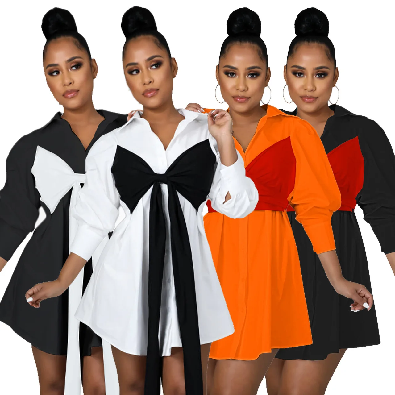 

New Arrivded Bow Lace-up Long Sleeves Casual Shirt Dress Single-breasted Turn Down Neck Sexy Party Club Dresses OL Autumn