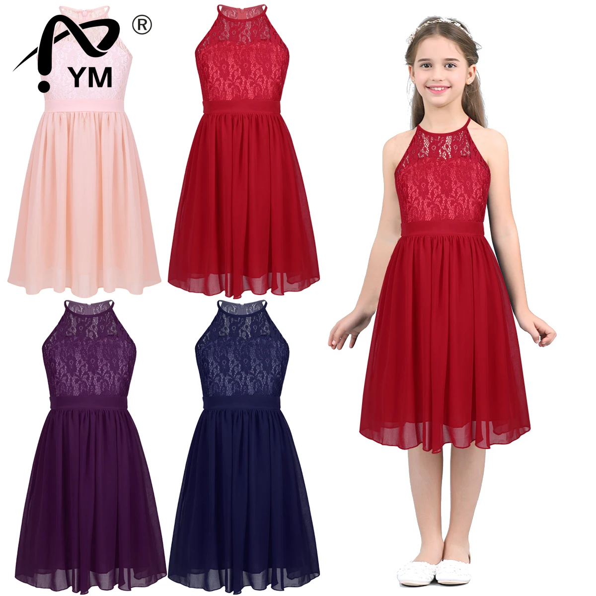 

New Children Kids Girls Lace Chiffon Halter Neck Flower Girls Dress Princess Pageant Wedding Bridesmaid Birthday Party Dress
