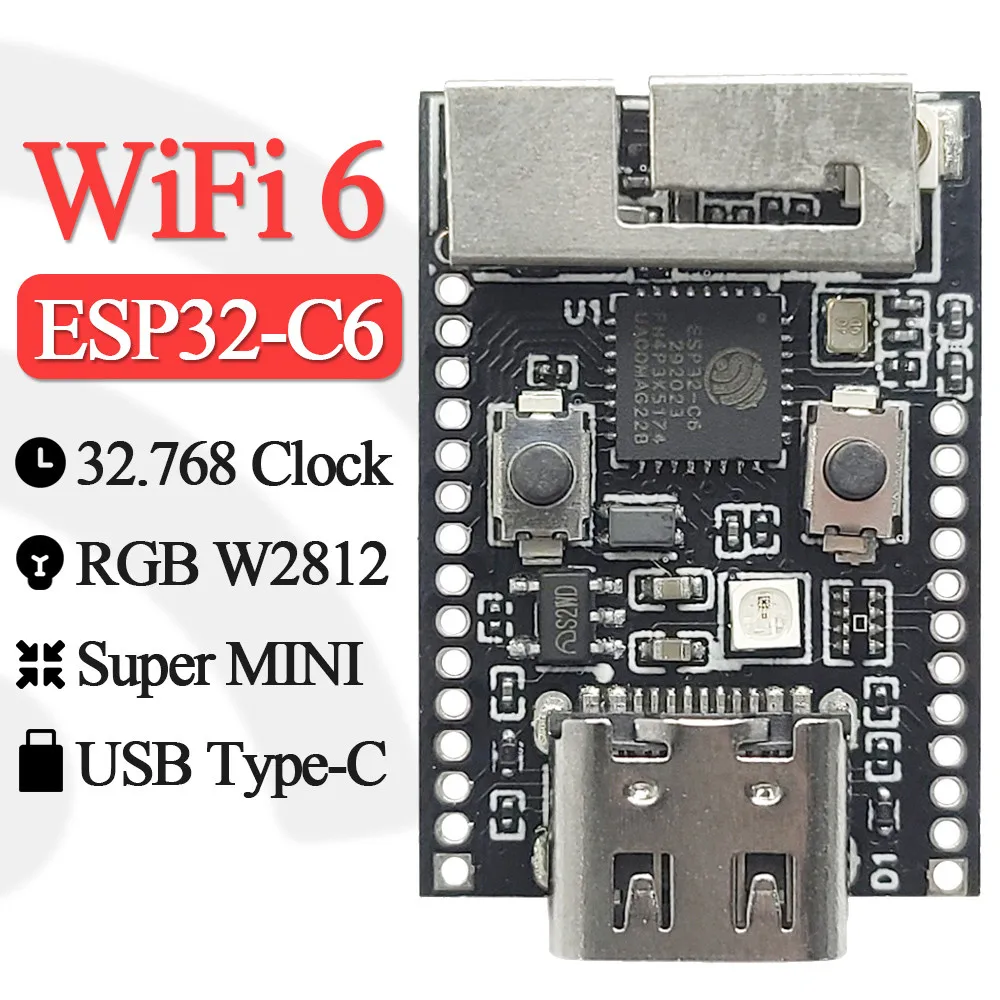 Плата разработки Wi-Fi 6 ESP32-C6 модуль 4 Мб вспышки с 32 768 кварцевым осциллятором RGB
