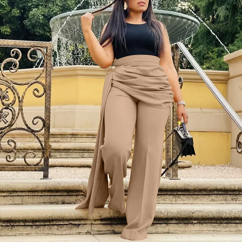 

2022 New Exotic Women Casual Long Pants High Waist Solid Color Straps Irregular Flower Pot Loose Trousers