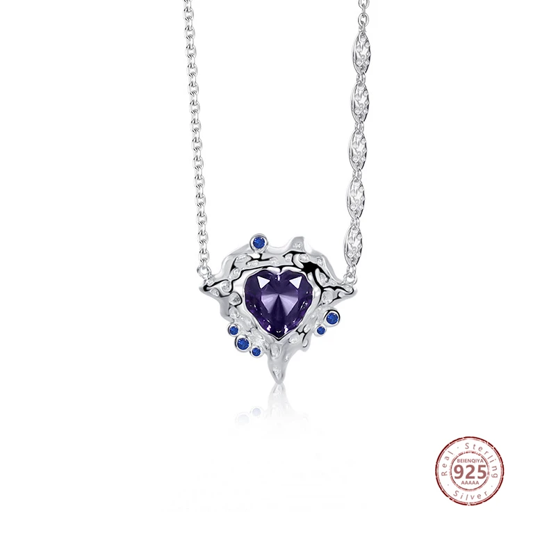 

Luxury 925 Sterling Silver Asymmetric Crystal Heart Pendant Necklace For Women Trendy Irregular Geometric Zircon Wedding Jewelry