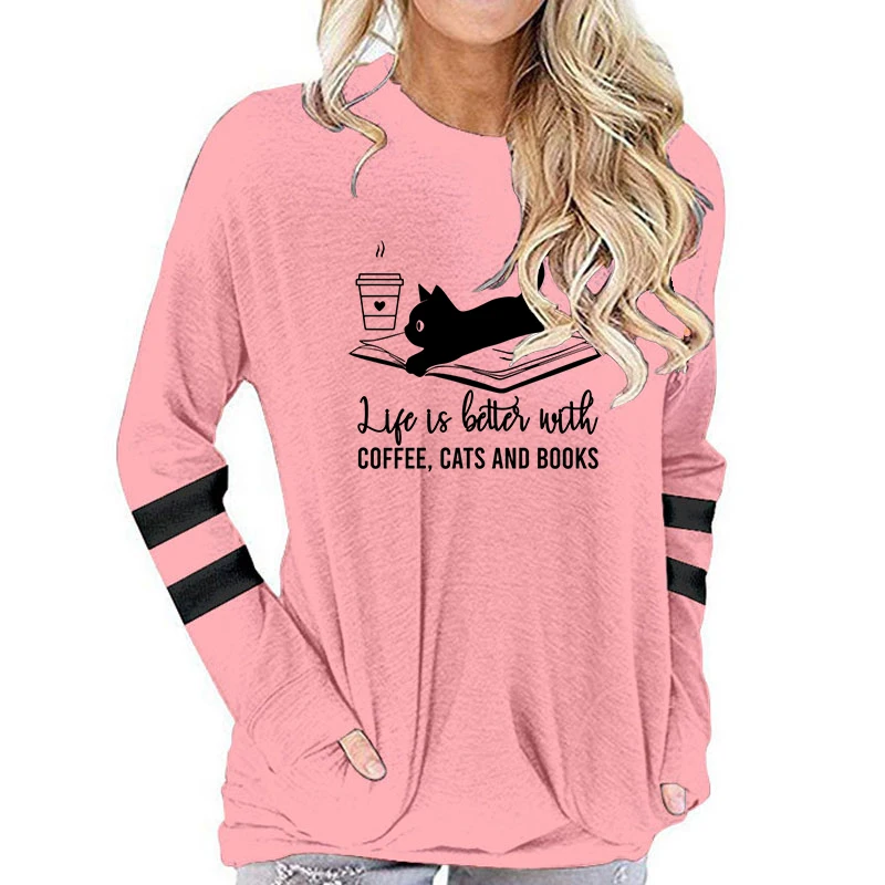 Женская хлопковая футболка с длинным рукавом принтом кофейного кота и книг