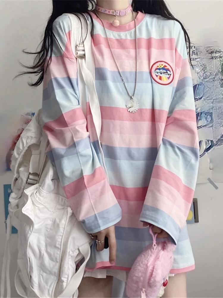 

Harajuku Long Sleeve T Shirt Women Tops Summer Stripe Gothic Shirt Women Tops Tees Casual Oversized Streetwear Ladies Shirt