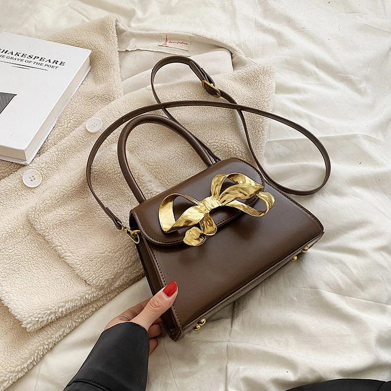 

Vintage Bow Shoulder Bag for Women Retro Simple Purses and Handbags Luxury Designer Solid Color Small Square Top-Handle Bag