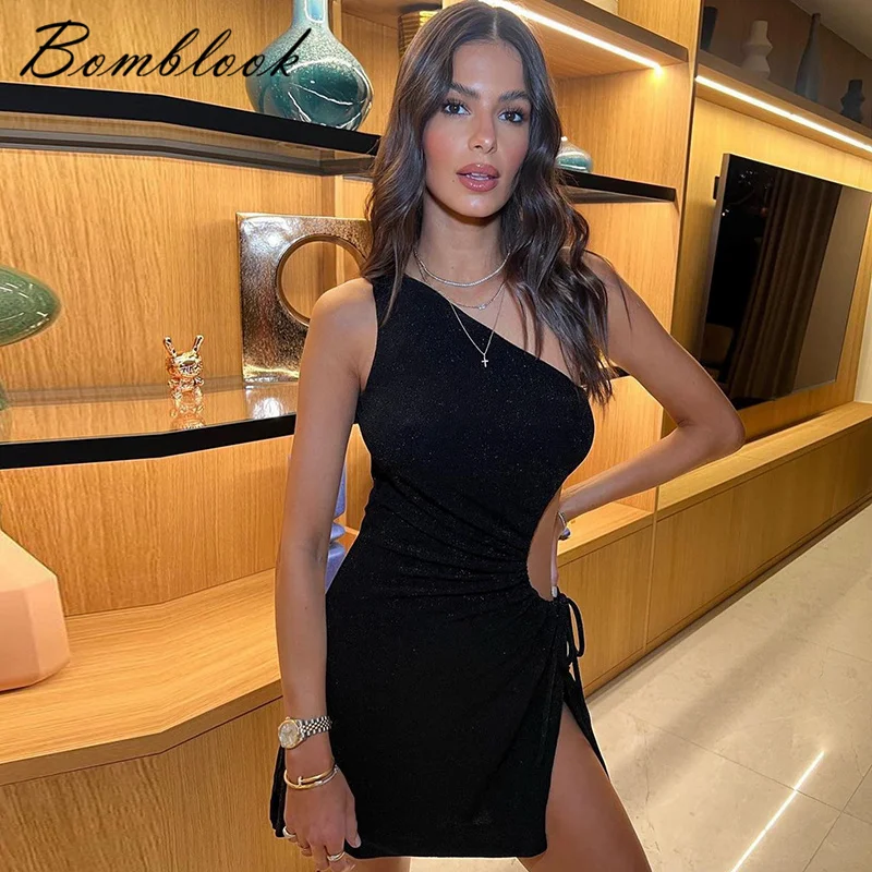 

Bomblook One Shoulder Hollow Bag Hip Side Slit Sequins Tight Comfortable Sexy Mini Dress Women 2022 Evening Dress Basic Classic