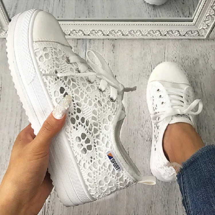 

2022 Women Shoes Fashion Summer Casual White Shoes Cutouts Lace Canvas Hollow Breathable Platform Flat Shoes Woman Sneakers