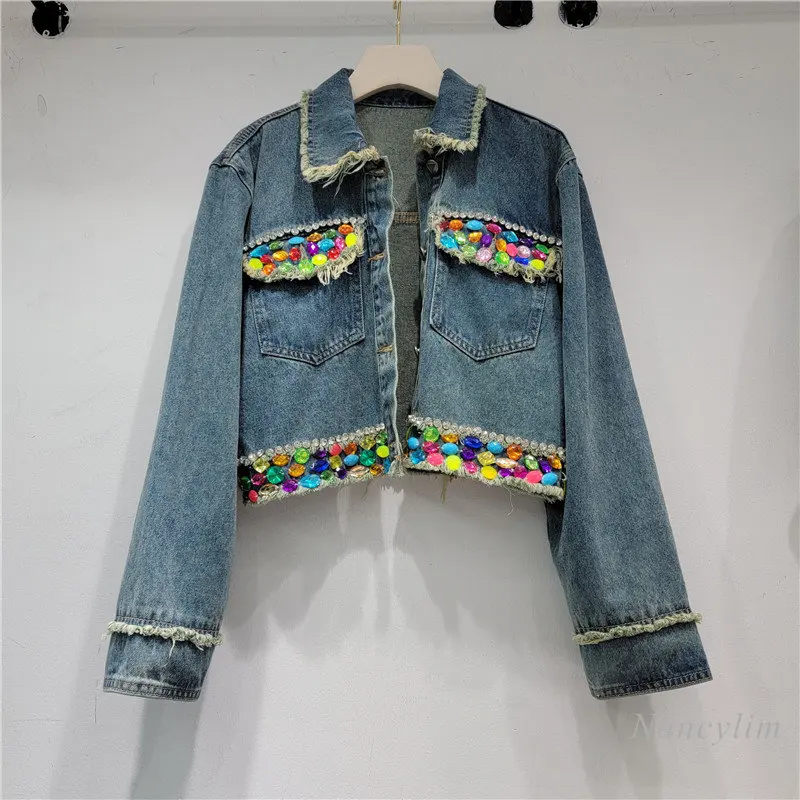 

Exquisite Rhinestone Studded Short Denim Jacket for Women 2023 New Designb Ripped Vintage Jean Coat Yonger Lady Street Top