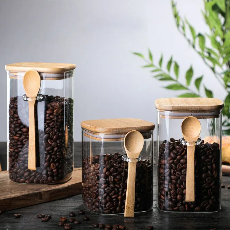 

Bamboo Lid Glass Sealed Cans with Spoon Coffee Bean Storage Cans Airtight Bottle Kitchen Storage Jar Tea Spice Seasoning Jars