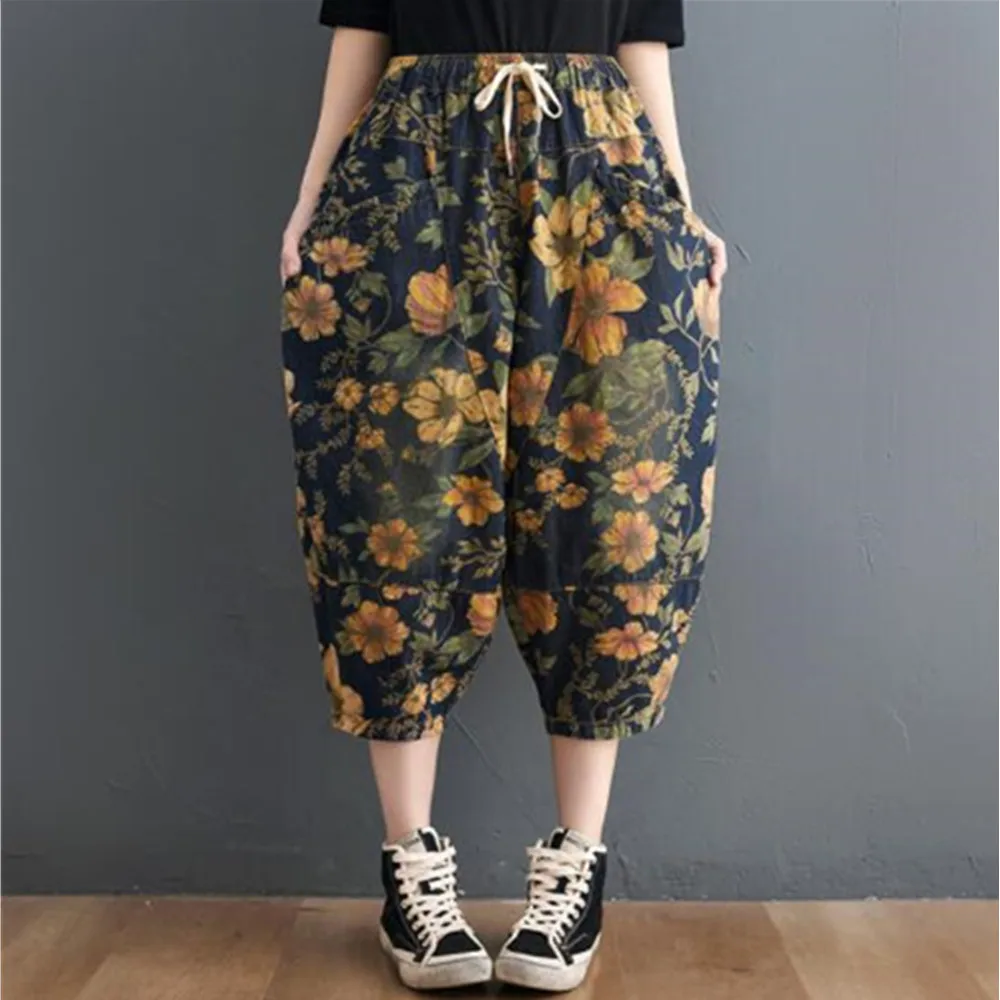 Брюки-карго женские с цветочным принтом модные мешковатые джинсы Свободные