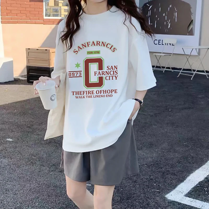 

Women Summer Short Sleeved Oversized T-shirt Korean Streetwear Y2K Tops Letter Print Cotton Tees Femme Casual Sports Pullover