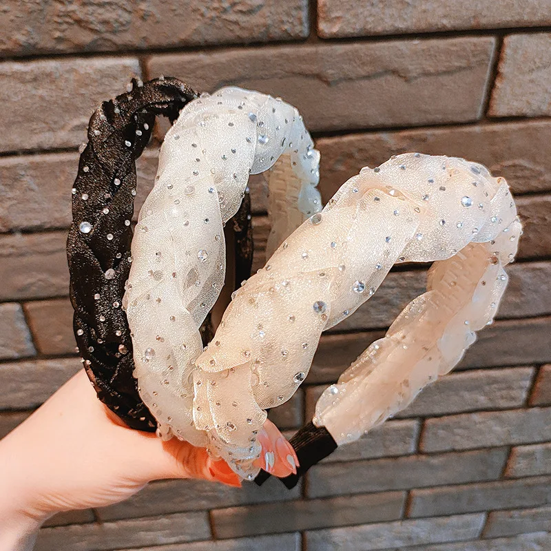 

higood Summer twist braid Gallic wide-brimmed mesh rhinestone headband female headband pressure hairpin hair bundle headdress