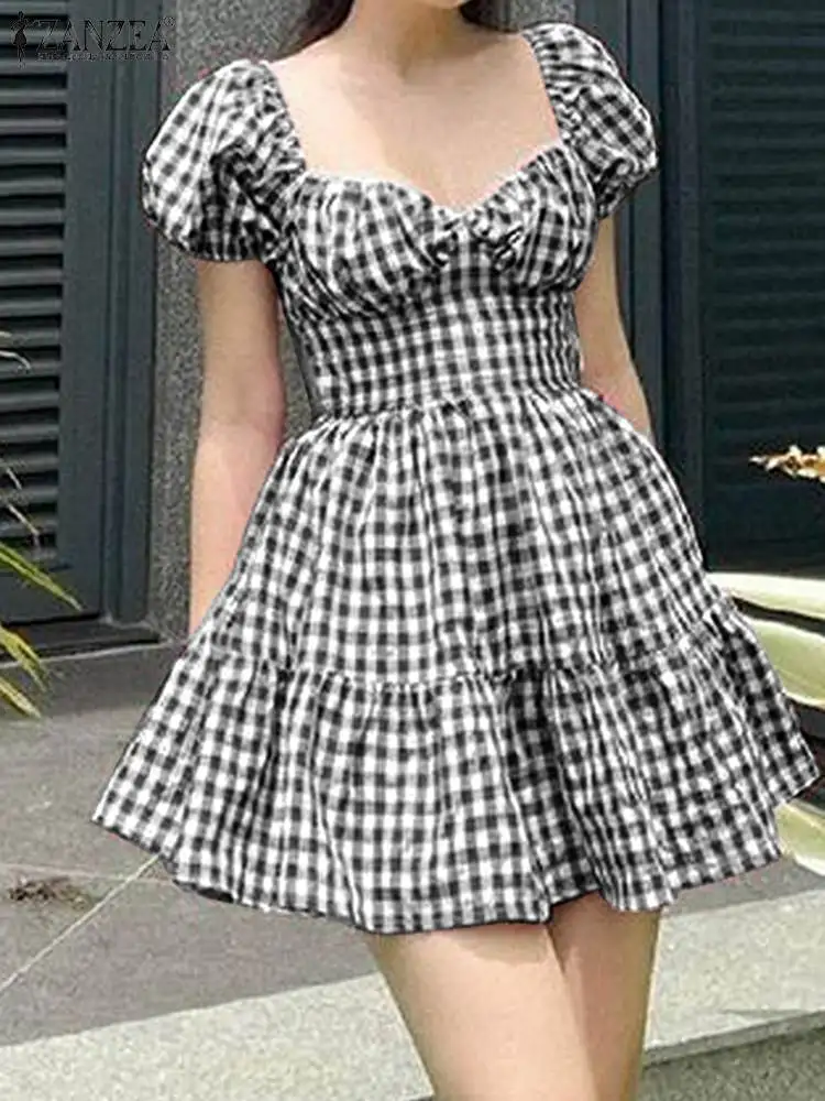 

Элегантное кружевное мини-платье ZANZEA, модное женское клетчатое короткое платье в клетку с квадратным вырезом и пышными рукавами, сарафан с высокой талией