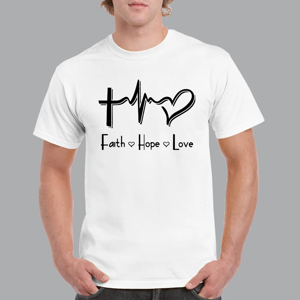 

Fath Hope Love Print T Shirt Men Fashion Retro Love Heart Cross Pattern Print Short Sleeve T-Shirt Summer Hip Hop Cotton T-Shirt