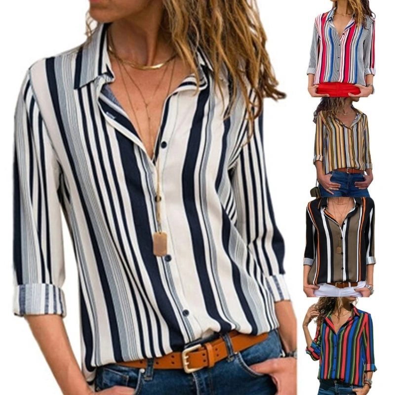 

Женская винтажная Полосатая туника L5YA, Топ с длинным рукавом, на пуговицах, с V-образным вырезом, свободные рубашки