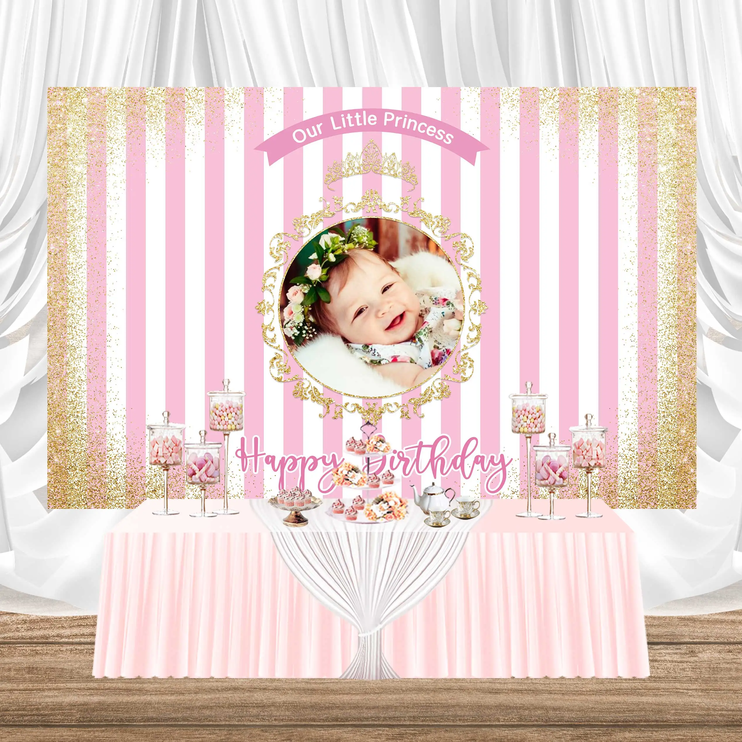 

NeoBack One Year Old Princess Party Photo Backdrop Baby Shower Background Pink Backdrop Girl Blackboard Birthday Photography