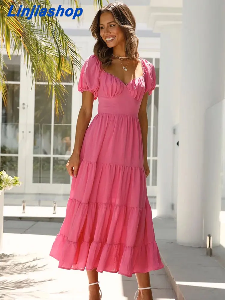 

Женское длинное платье-трапеция, однотонное ярко-розовое платье с открытой спиной и пышными рукавами, лето 2022