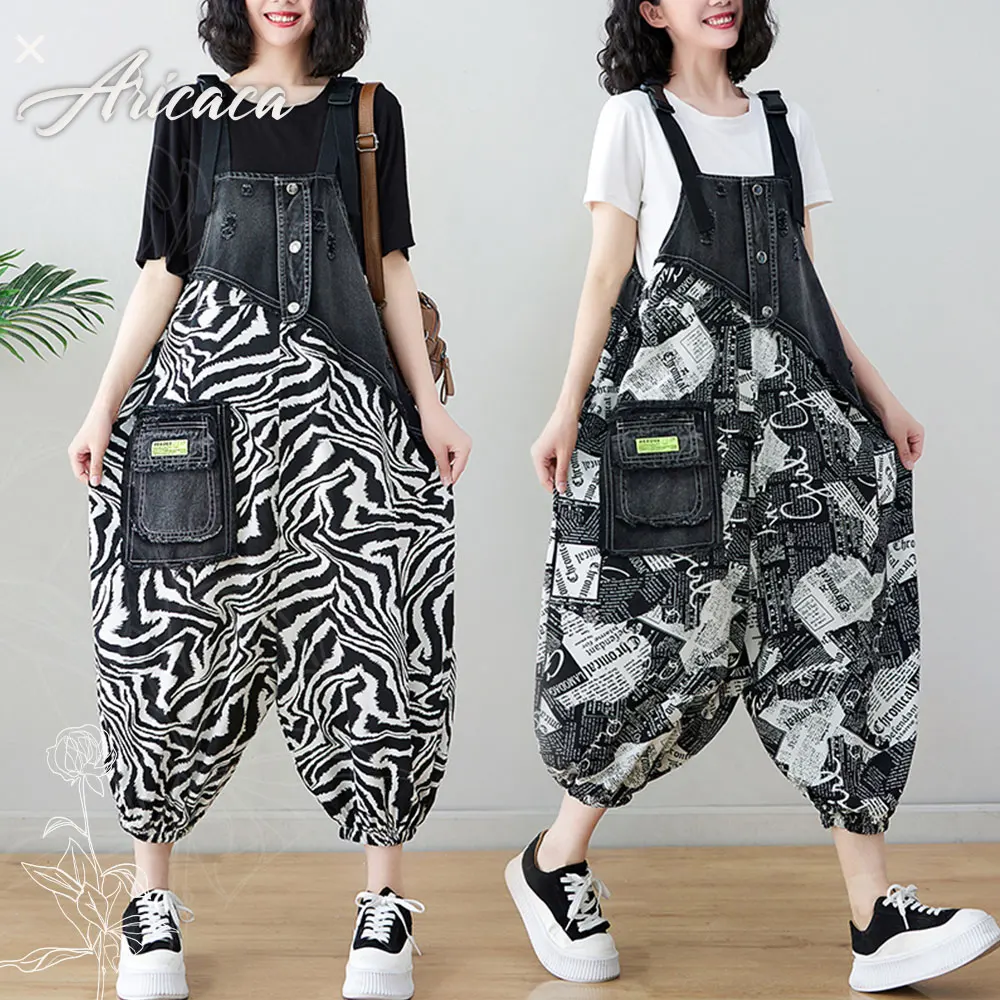 

Aricaca Summer Vintage Spliced Jumpsuits Women Wide Leg Pants Cool Denim Overalls Rompers