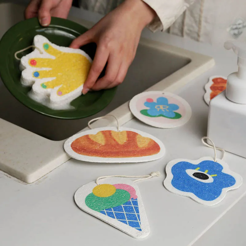

Thickened Compressed Sponge Rub Cartoon Pattern Cute Dishwashing Wipe Non-stick Portable Wood Pulp Cotton Dishcloth