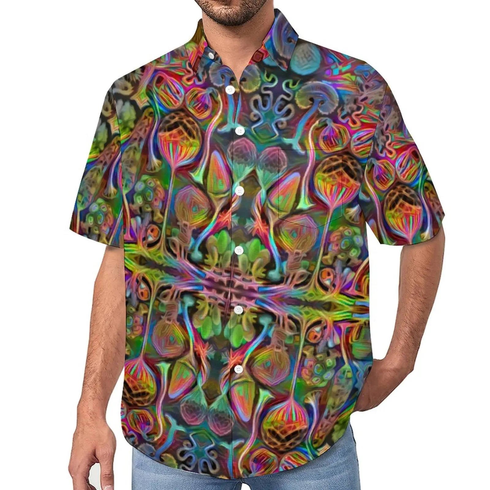 

Magic Mushroom Beach Shirt Rainbow Print Hawaiian Casual Shirts Man Trendy Blouses Short Sleeve Graphic Clothing Large Size