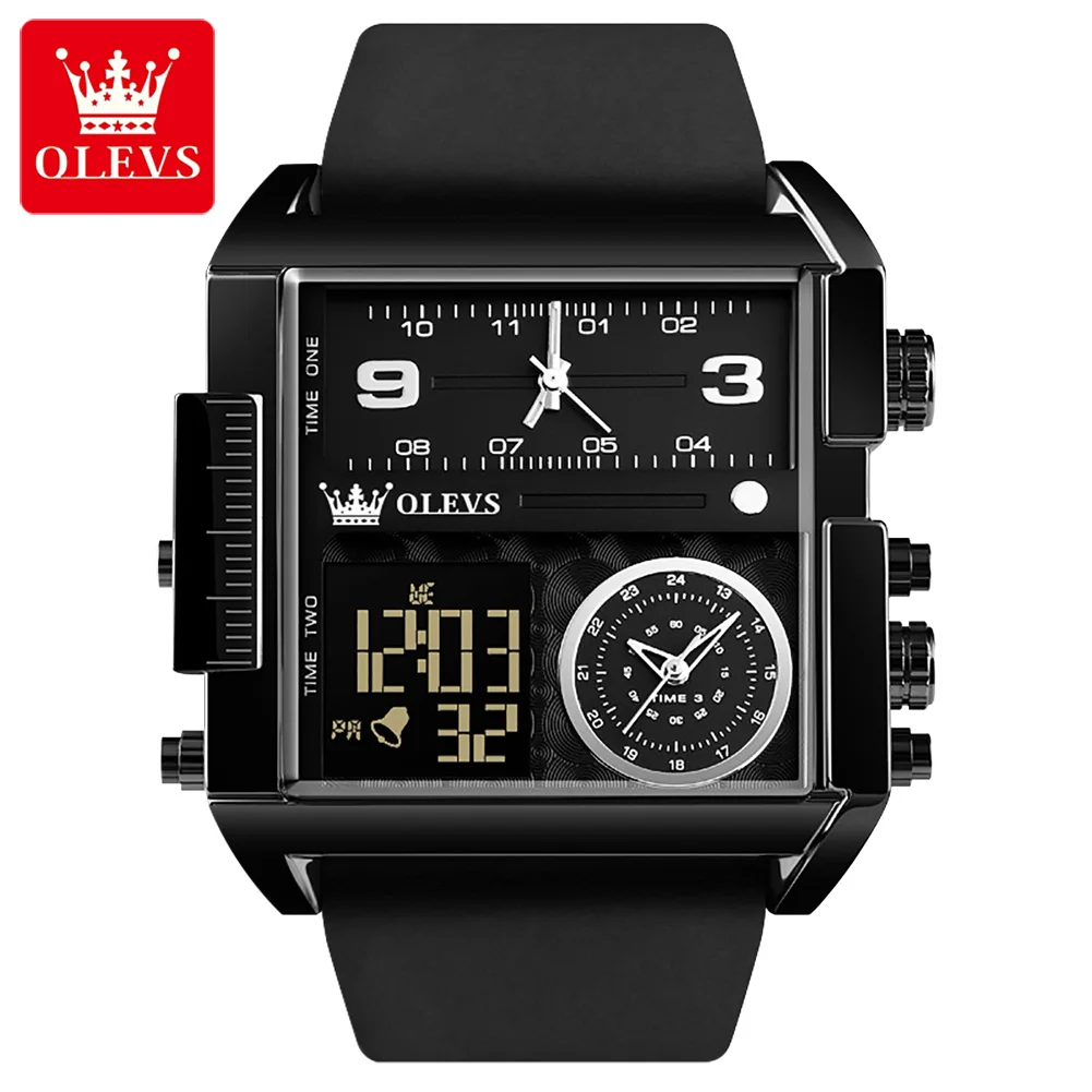 OLEVS Top Brand Square Quartz Watch For Men Multi-function Waterproof Leather Strap Sport Clock Male Wristwatch