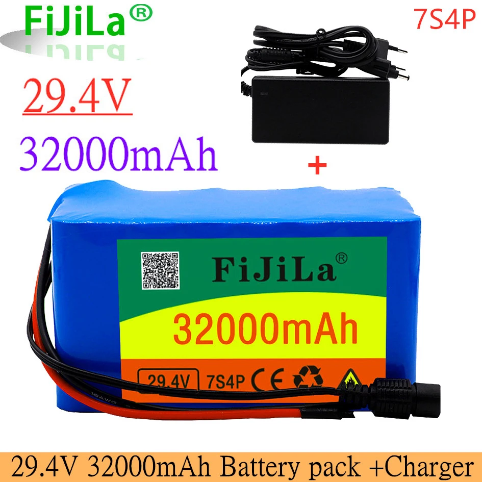 

24v 7s4p 32000mah de alta potência 32ah 18650 bateria de lítio com bms 29.4v bicicleta elétrica carro elétrico + 2a carregador