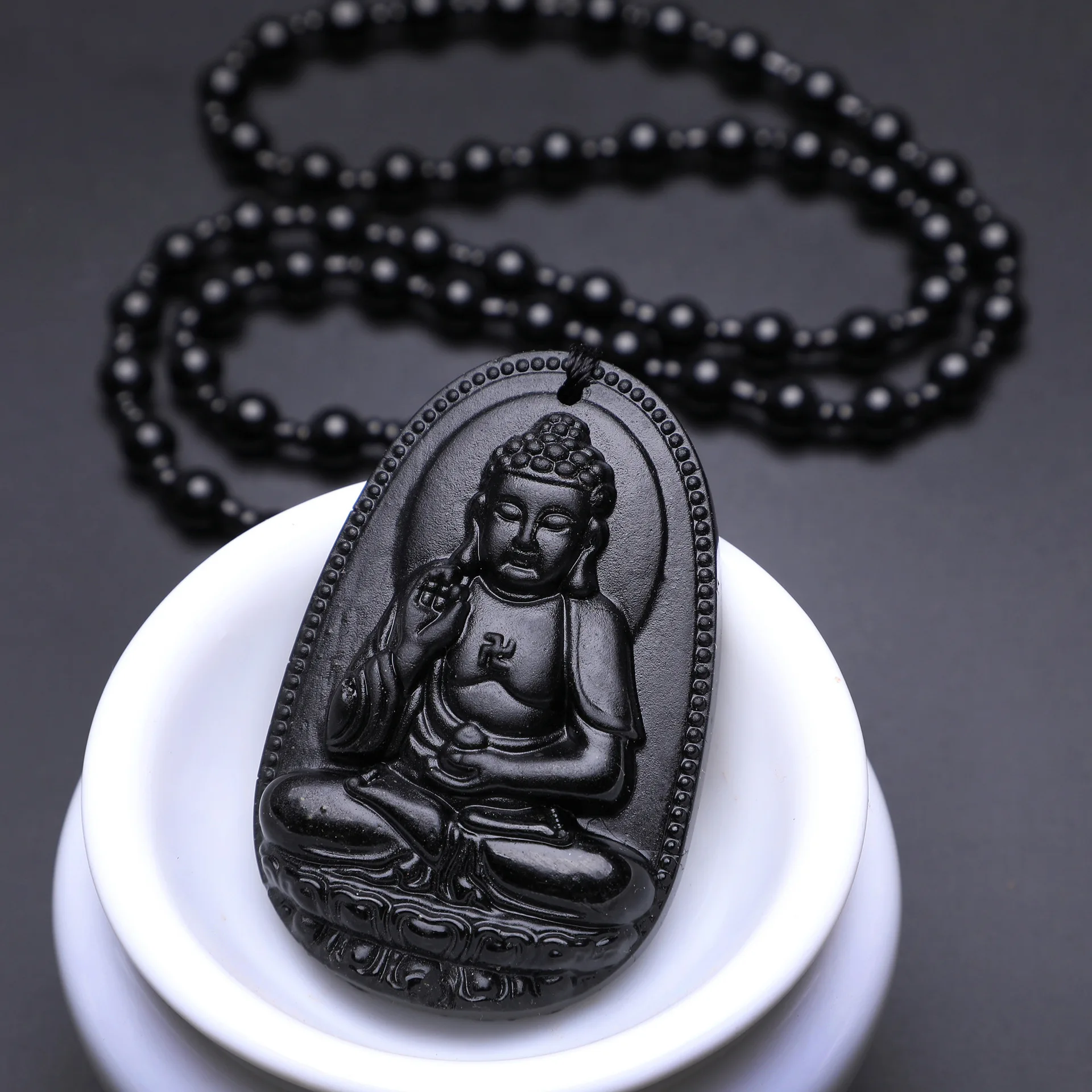 Amitabha Black Obsidian Carved Buddha Lucky Amulet Pendant Necklace For Women Men pendants Jewelry Drop Shipping