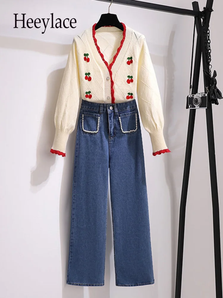 

Autumn 2 Piece Sets Womens Outfit 2022 Embroidery Knitting Cardigan Sweater+Wide Leg Denim Pants Two Piece Set Women Clothing