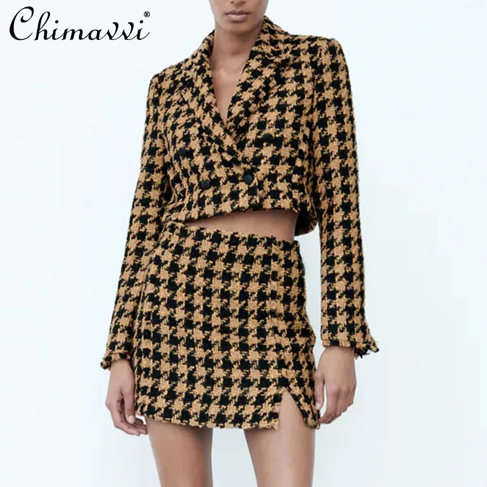 

Women Suits Office Sets 2022 Spring Women's Double Breasted Short Jacket High Waist A Line Mini Skirt Lady Blazer and Skirt Set