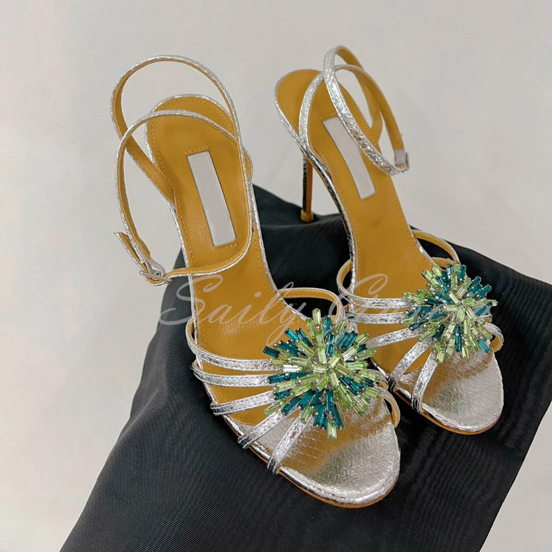 Snowflake Rhinestone High Heel Sandals Women Round Toe Thin Strip Hollowed Out Buckle Strap Sexy Stiletto Pumps