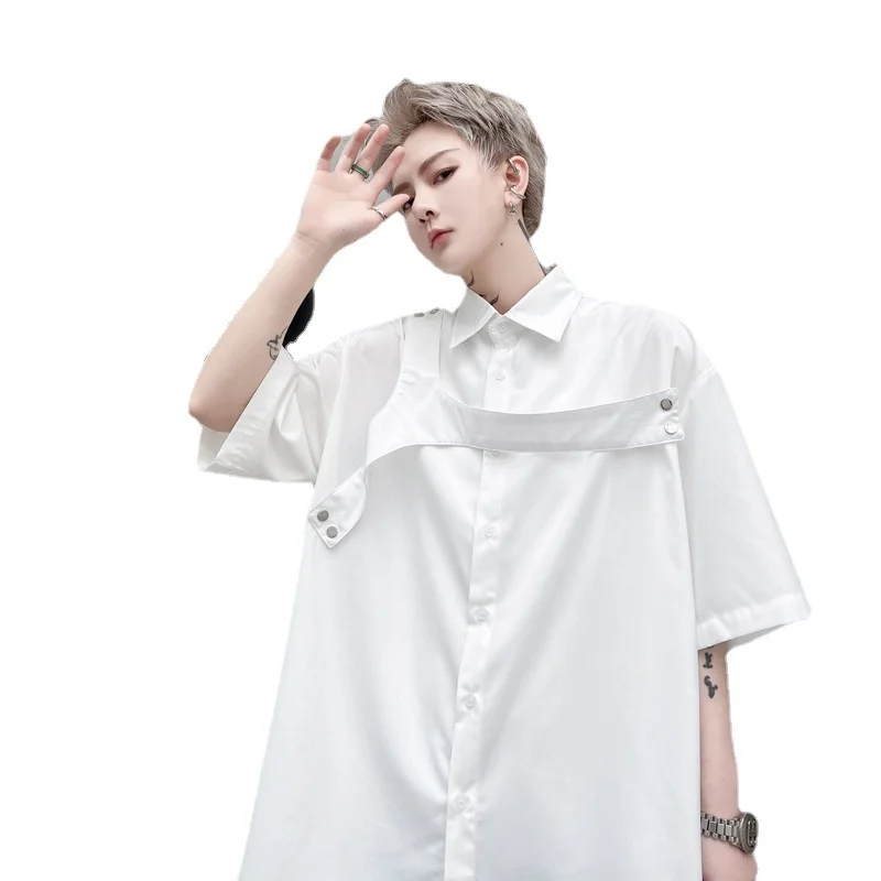 Trendy Men's Japanese Ruffian Handsome Large Summer Careful Machine Detachable Cloth Decoration Loose Short Sleeve Shirt