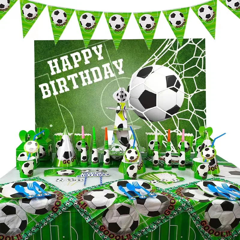 

136 Pcs Football Themed Birthday Party Decorative Tablecloth Napkins Cups Hats Background Cloth Posters Balloons Pennants