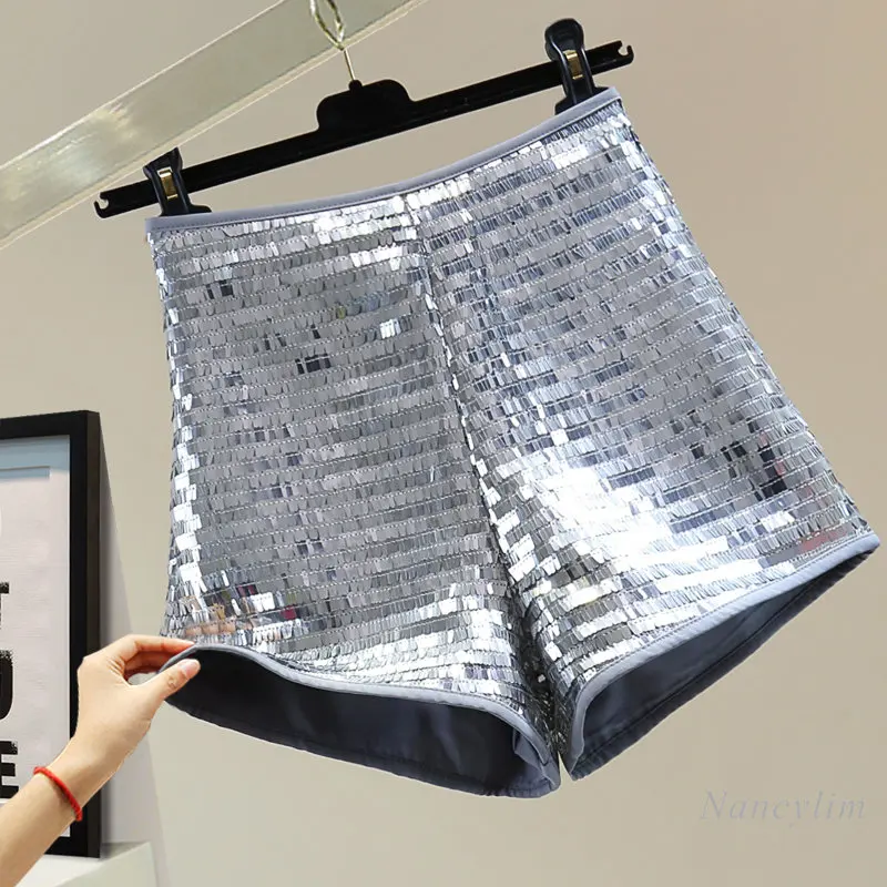 Summer Black Sequins Shorts Women 2023 High Waist Slimming Silver Sequined A- Line Wide-Legged Shorts Y2K