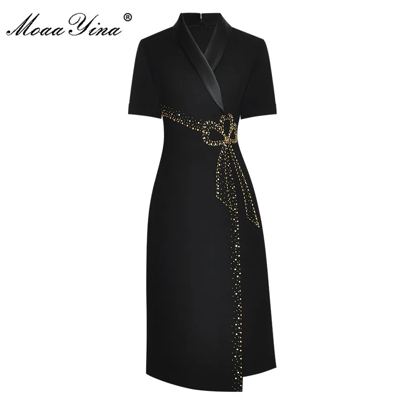 

MoaaYina модное подиумное платье, летнее женское платье с коротким рукавом, роскошное тонкое офисное платье-карандаш с кристаллами и бусинами