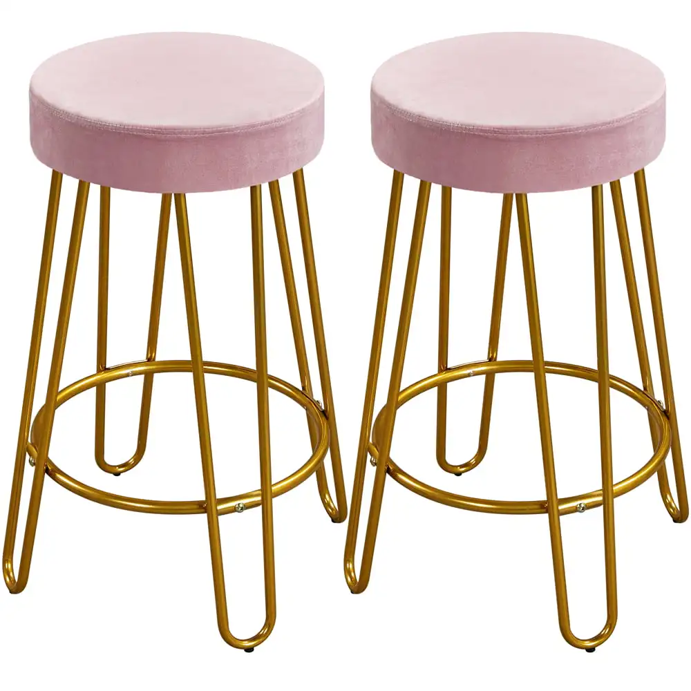 

26.5" Upholstered Velvet Bar Stools for Kitchen, 2pcs, Pink with Gold