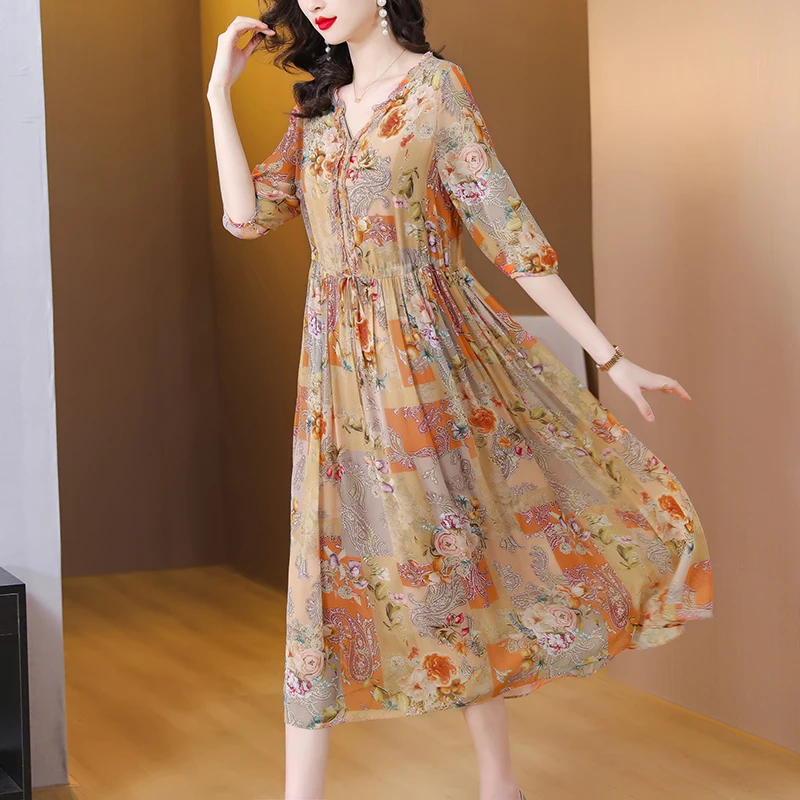 

Women Floral Silk Butterfly Sleeve V-Neck Midi Dress Summer Fashion Chic Ruffled Festival Dress 2023 Korean Elegant Casual Dress