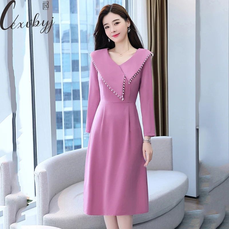 

Korean Dress Women Solid Colors Long Sleeve A-Line Party Dress High Quality Diagonal Collar Irregular Design Party Dress Midi