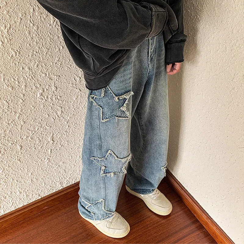 Hip Hop Jeans Men Fashion Embroidery Denim Trousers Baggy Straight Pants Vintage Casual Bottoms Trend Streetwear Male Clothing
