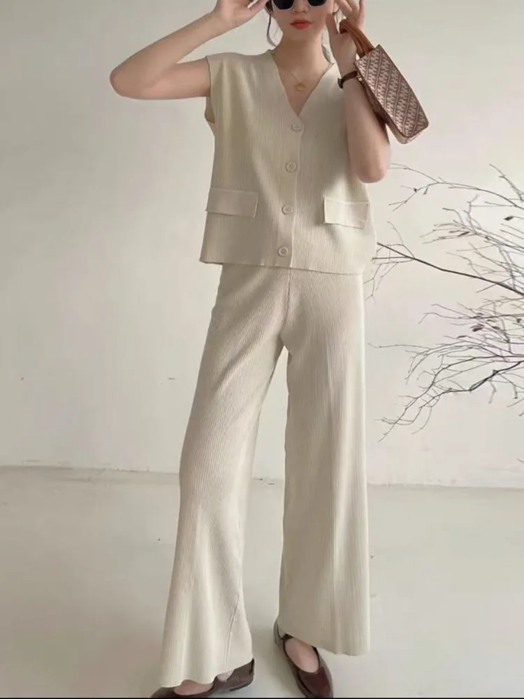 

2022 Summer Casual Knitted Two Piece Set Women Loose tank crop Tops + Pants Suits ensemble femme 2 piece sets womens outfits