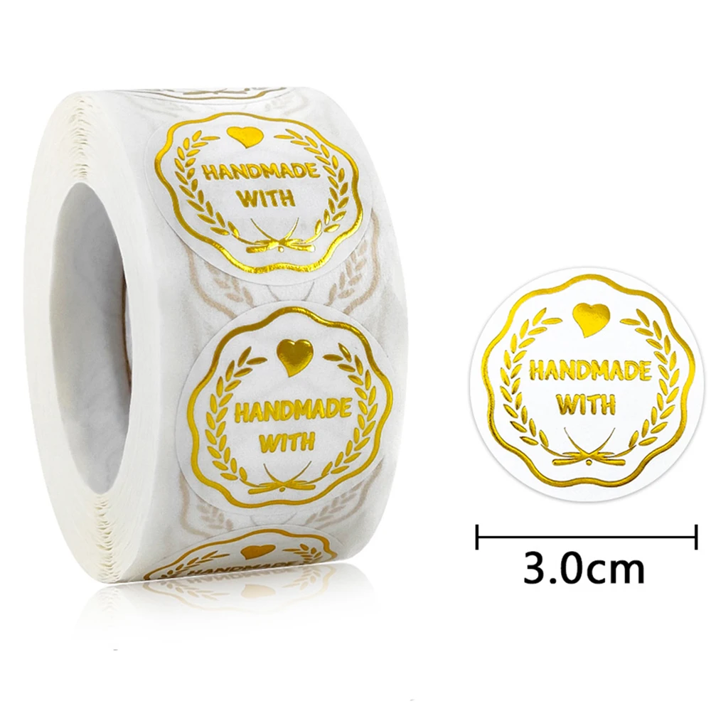 100-500pcs Thank You Stickers 3cm Gold Foil Handmade with Love Stickers for Business Mailers, Packaging Boxes, Envelopes, Gift 