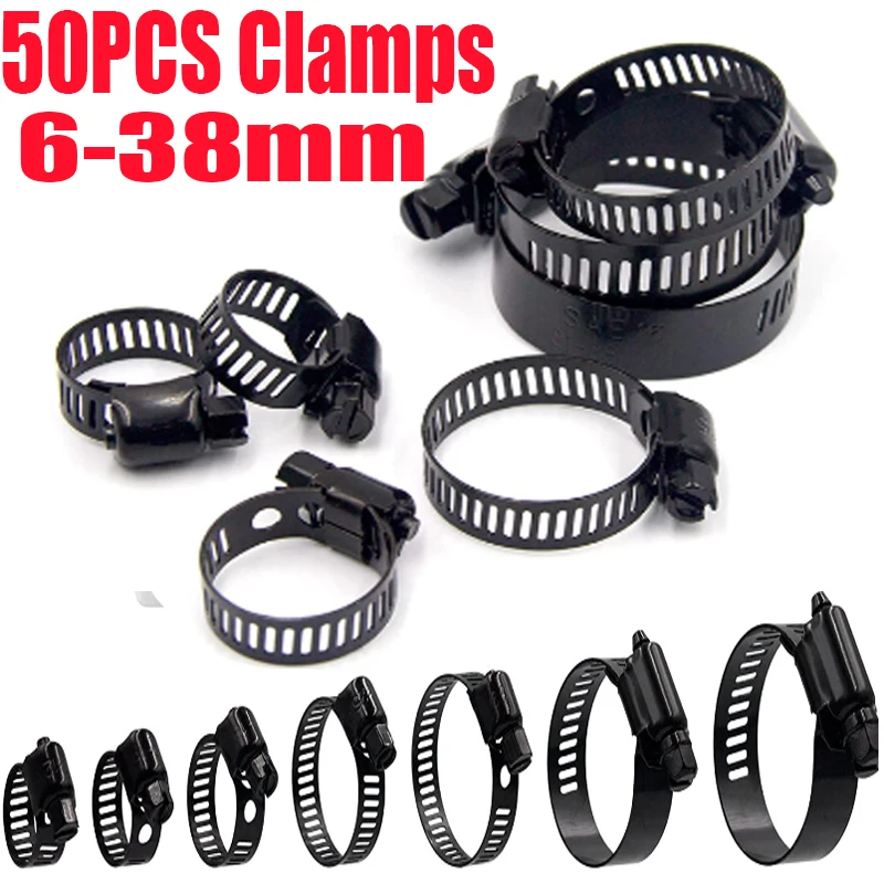 

Бесплатная доставка 50 шт. регулируемые черные зажимы для шланга из нержавеющей стали диапазон 6-38 мм Червячная Шестерня комплект зажимов для деревообработки пружинный зажим