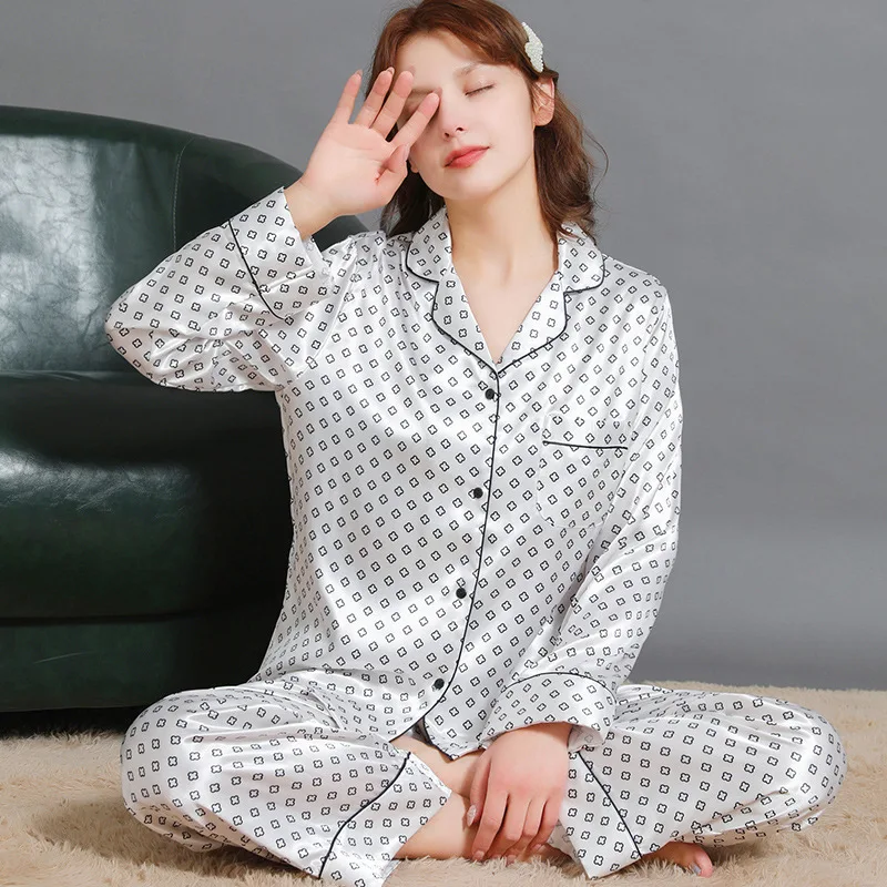 Spring and Summer Ice Silk Women Pajama Sets Free Shipping Long Sleeve Printing Night Clothes Thin Section Pijamas Set for Women