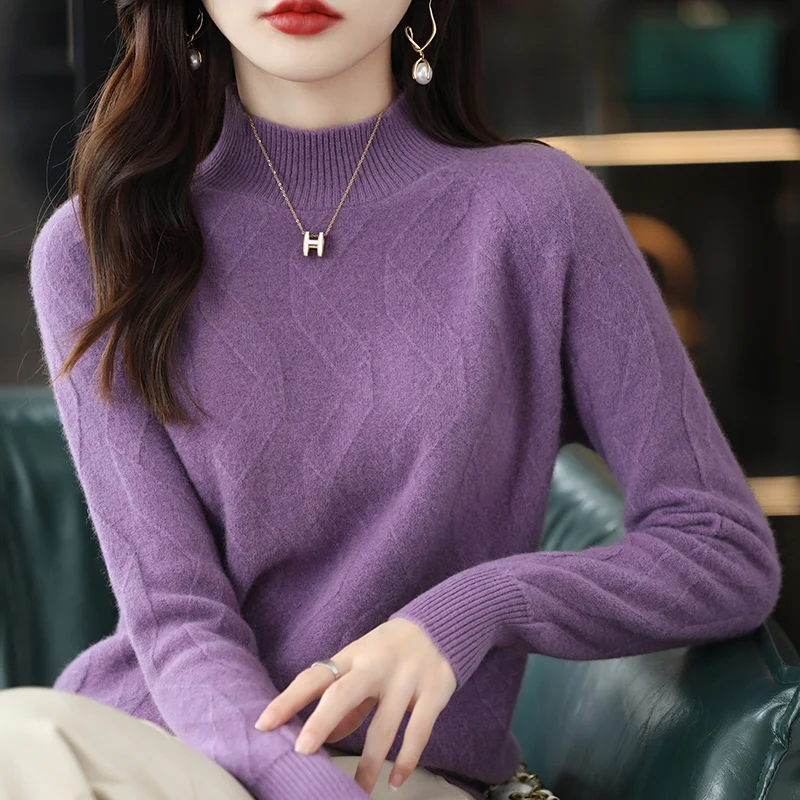 

Women's Pullover Elegant Fall/Winter 100% Pure Wool Sweater Casual Loose Ladies Tops Overside Half Turtleneck Cashmere Knitwear